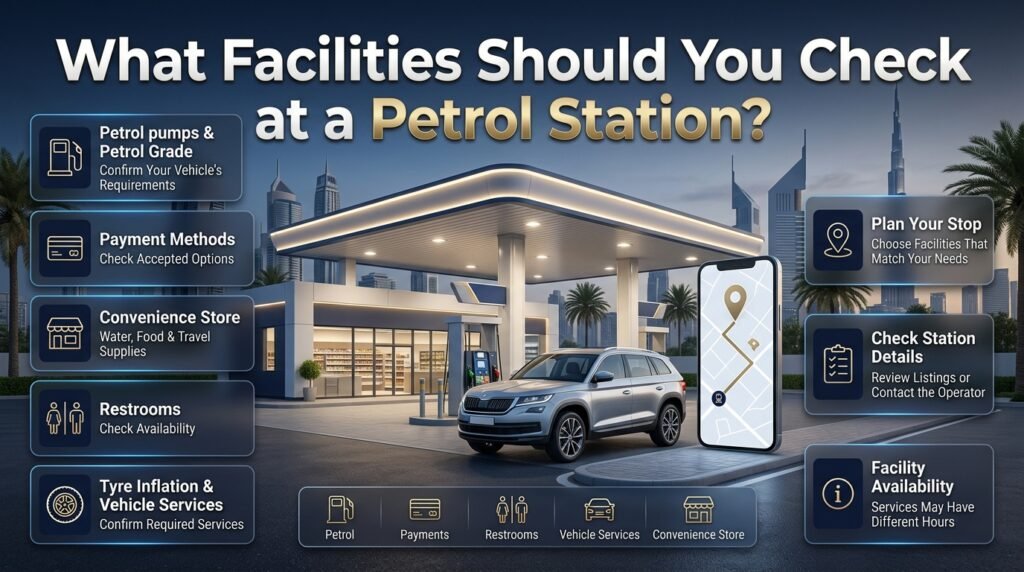 Petrol station facilities in Dubai, including petrol pumps, payment options, convenience stores, restrooms, tyre inflation, and vehicle services.