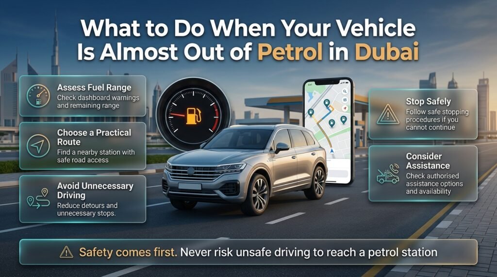 Driver checking a low petrol warning in Dubai, using navigation to find a nearby petrol station and considering safe roadside assistance.