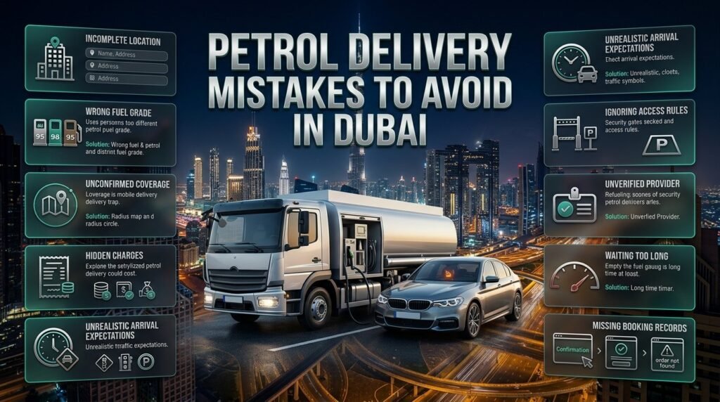 Petrol delivery mistakes to avoid in Dubai infographic featuring wrong fuel grades, location errors, hidden charges, booking delays, and safety tips.