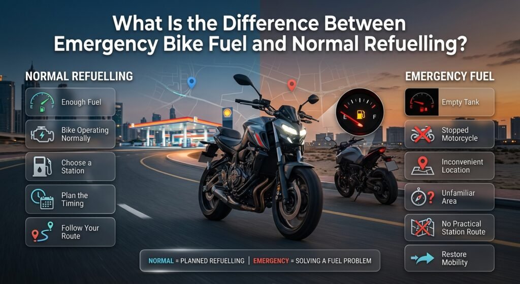 Emergency bike fuel versus normal refuelling in Dubai, comparing planned petrol stops with a stopped motorcycle and limited options.