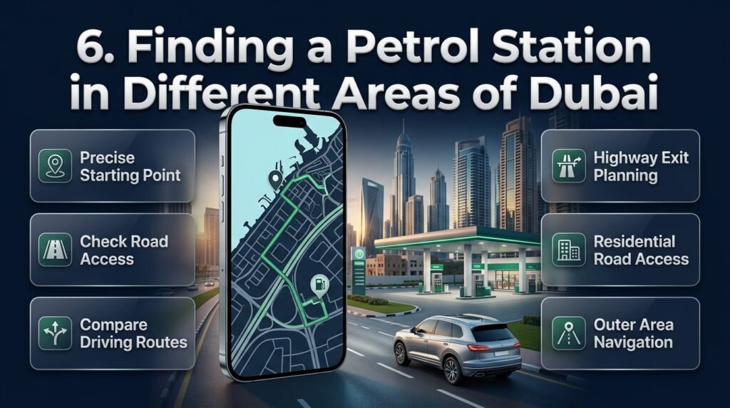 Finding a petrol station in different areas of Dubai using GPS navigation, road maps, highway exits, and location-based directions.