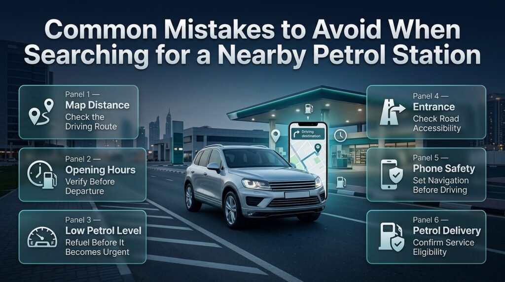 Common mistakes when finding a nearby petrol station in Dubai, including incorrect map distances, closed stations, inaccessible entrances, and unsafe phone use.