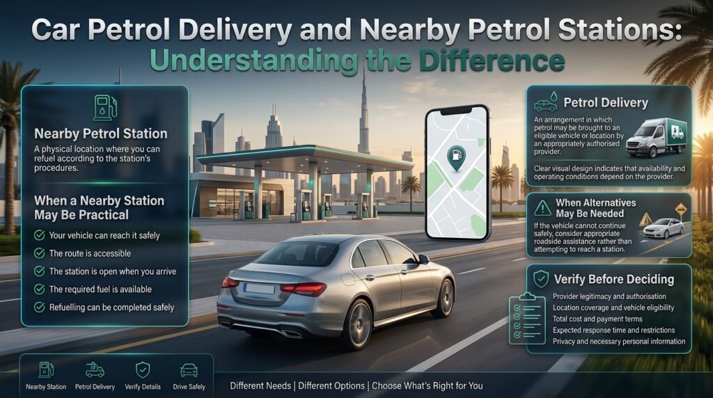 Dubai infographic comparing nearby petrol stations and car petrol delivery, including safety considerations, provider verification, costs, and accessibility.