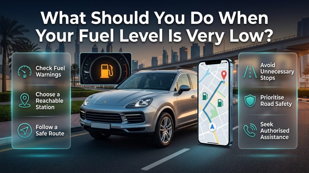 Low fuel warning in Dubai showing a silver SUV, illuminated fuel gauge, GPS navigation, nearby petrol stations, and safe roadside assistance.