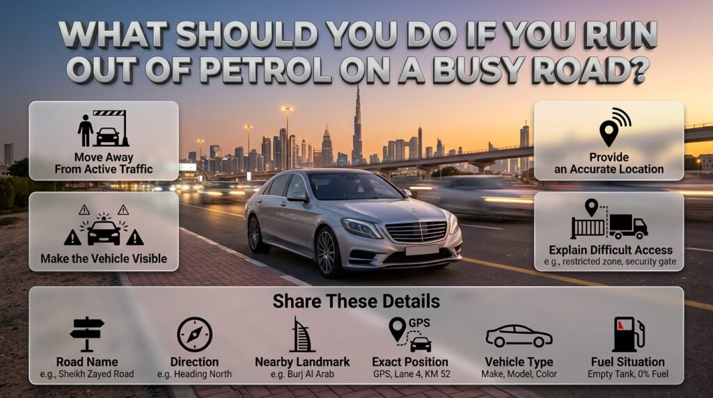 Safety steps after running out of petrol on a busy road, including moving away from traffic, staying visible, and sharing your location.