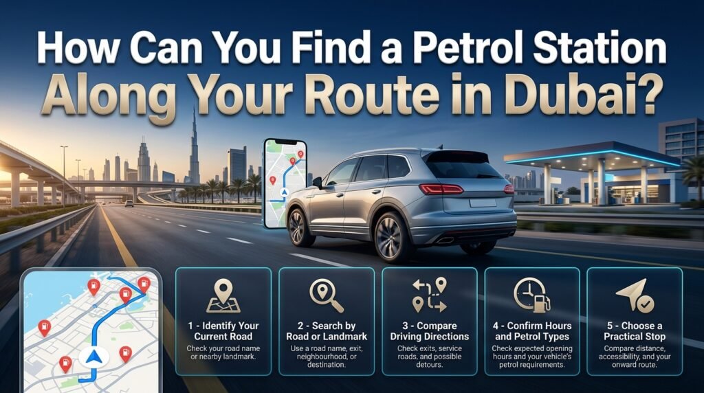 How to find a petrol station along your route in Dubai using navigation, nearby landmarks, driving directions, and station opening hours.