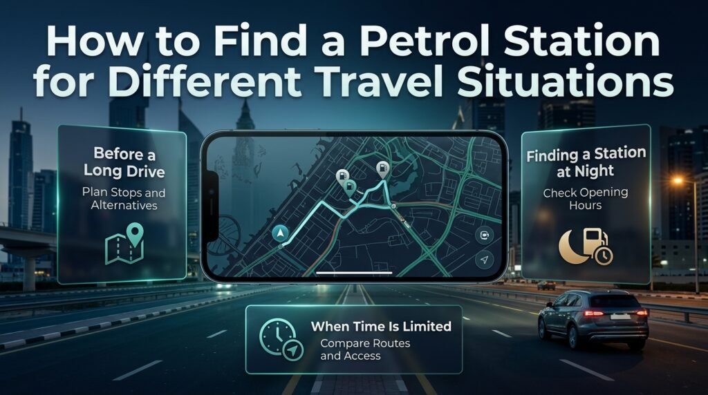 Find a petrol station in Dubai for long drives, nighttime travel, and time-sensitive journeys using maps, route planning, and opening-hour checks.