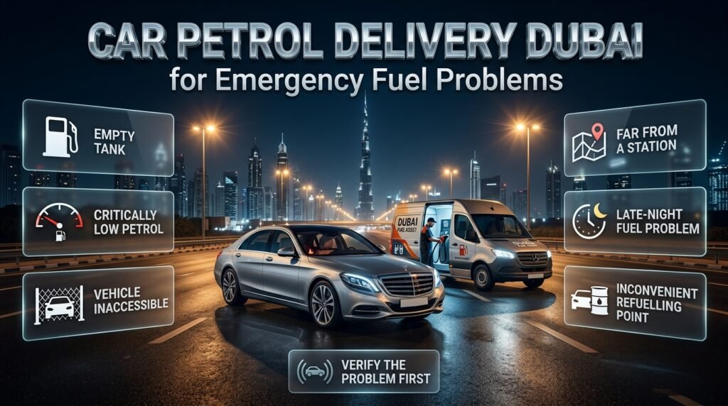 Car petrol delivery in Dubai for empty tanks, low petrol, inaccessible vehicles, late-night fuel problems, and distant stations.