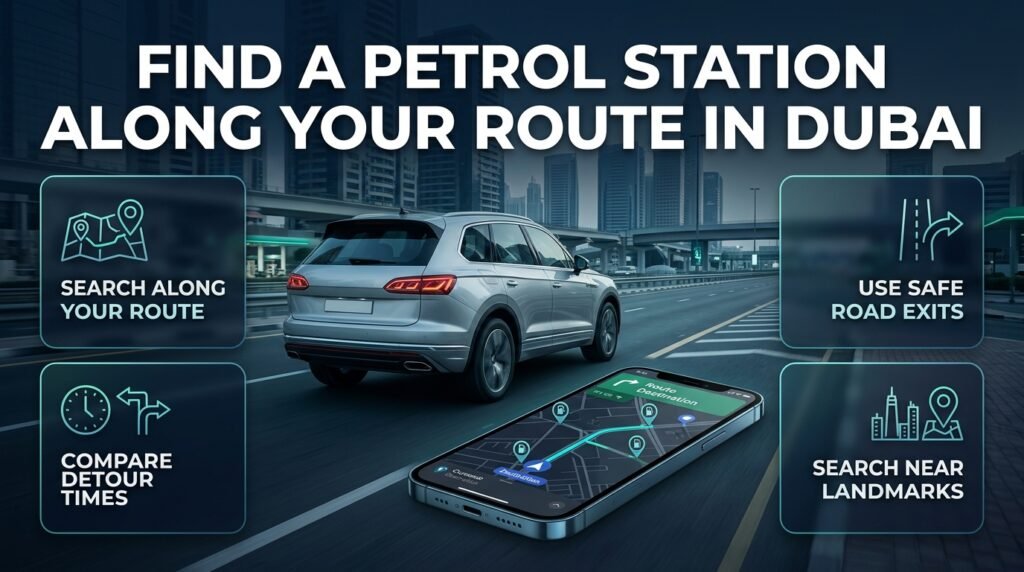 Find a petrol station along your route in Dubai using navigation maps, accessible road exits, landmark searches, and convenient refuelling stops.