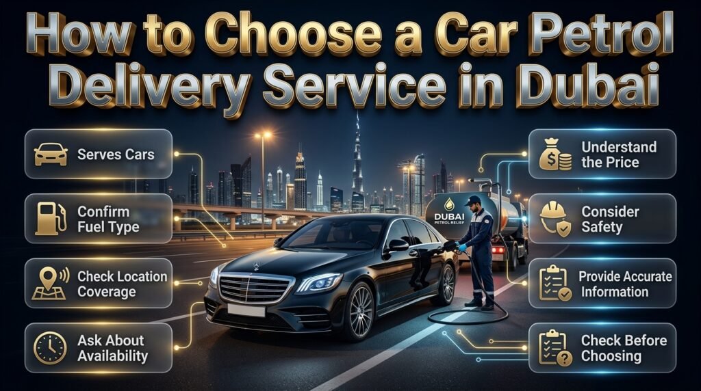 How to choose a car petrol delivery service in Dubai by checking vehicle support, fuel type, location coverage, price, and safety.