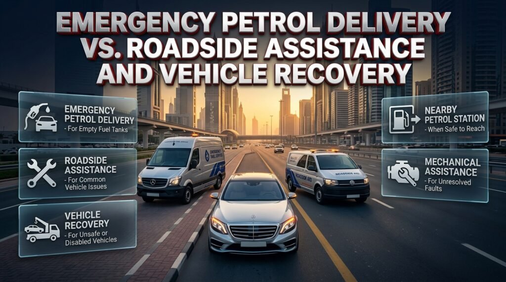 Emergency petrol delivery vs roadside assistance and vehicle recovery in Dubai, comparing fuel delivery, breakdown support, and towing options.