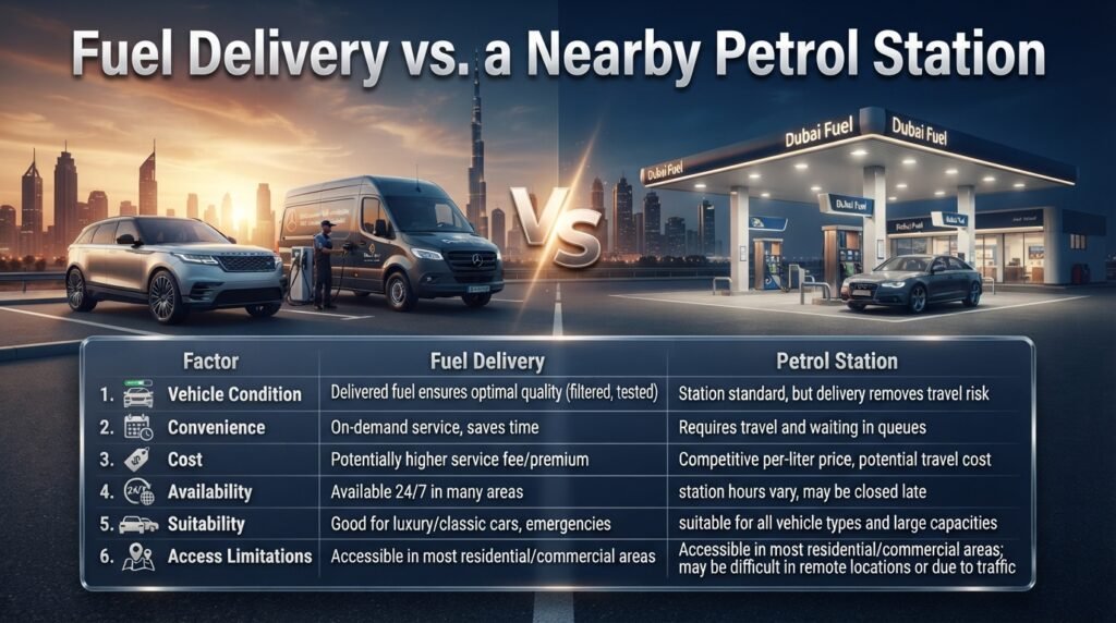 Fuel delivery vs. a nearby petrol station in Dubai, comparing convenience, cost, vehicle condition, availability, fuel suitability, and safe access.