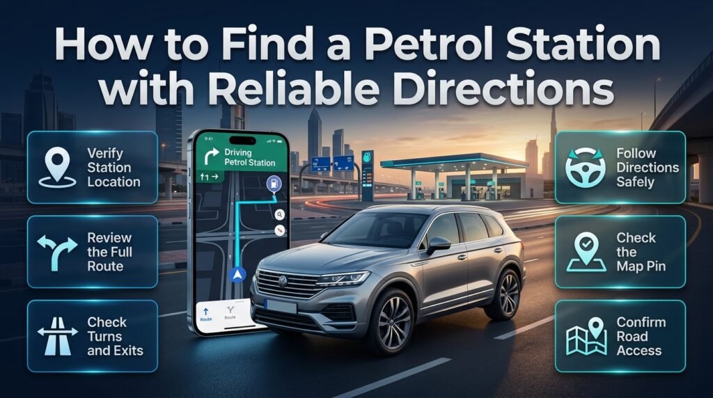 Find a petrol station in Dubai with reliable directions, accurate map pins, clear driving routes, road junction guidance, and safe navigation.