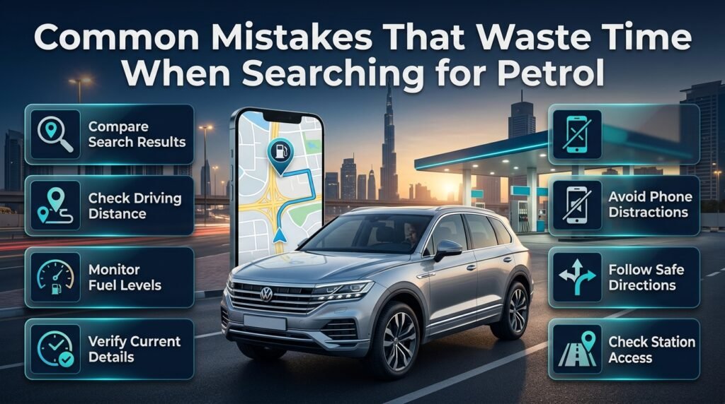 Avoid common petrol station search mistakes in Dubai by checking driving routes, fuel levels, opening hours, station entrances, and safe navigation.