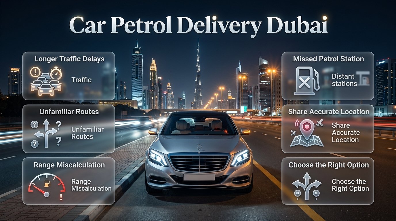 Car Petrol Delivery Dubai guide showing emergency fuel support for a vehicle that has run out of petrol on Dubai roads. Car Petrol Delivery Dubai Emergency Fuel Guide