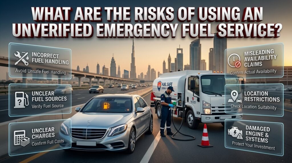 Risks of using an unverified emergency fuel service in Dubai, including unsafe fuel handling, unclear charges, availability, and location issues.