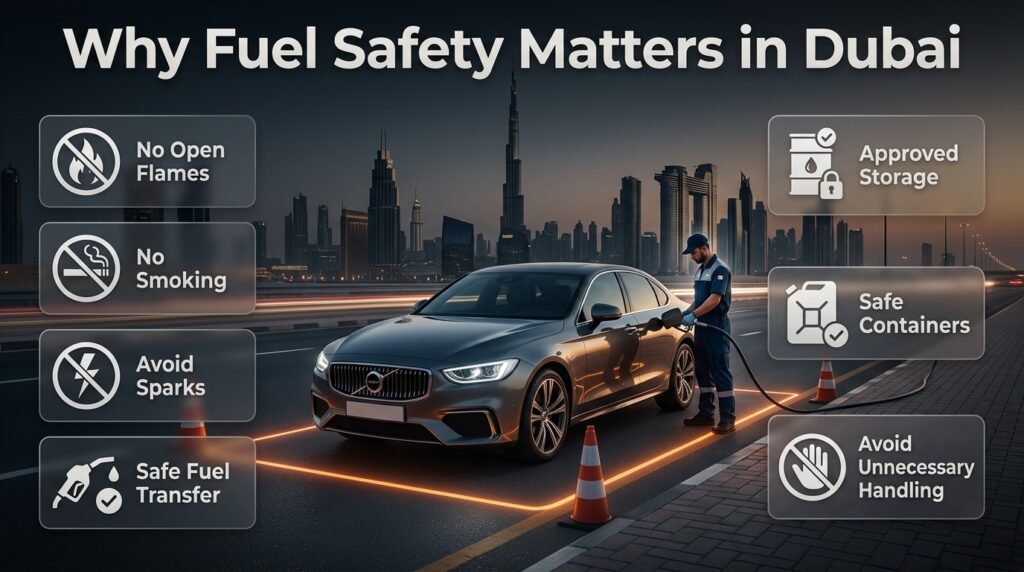 Fuel safety in Dubai showing petrol delivery precautions, no smoking, no flames, safe handling, approved storage, and proper containers.