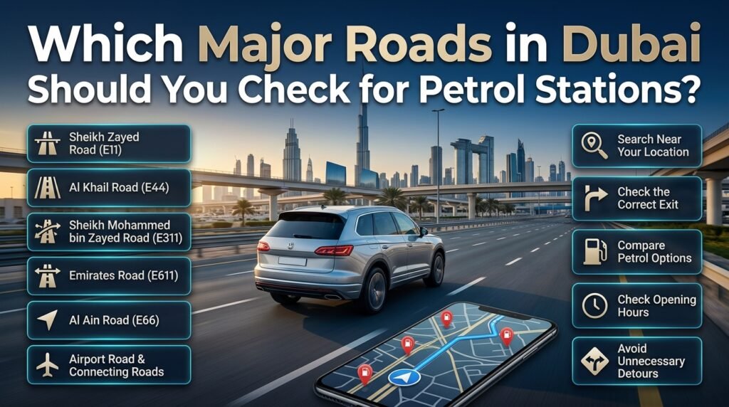 Which major roads in Dubai have nearby petrol stations? Explore Sheikh Zayed Road, Al Khail Road, E311, E611, and other routes.