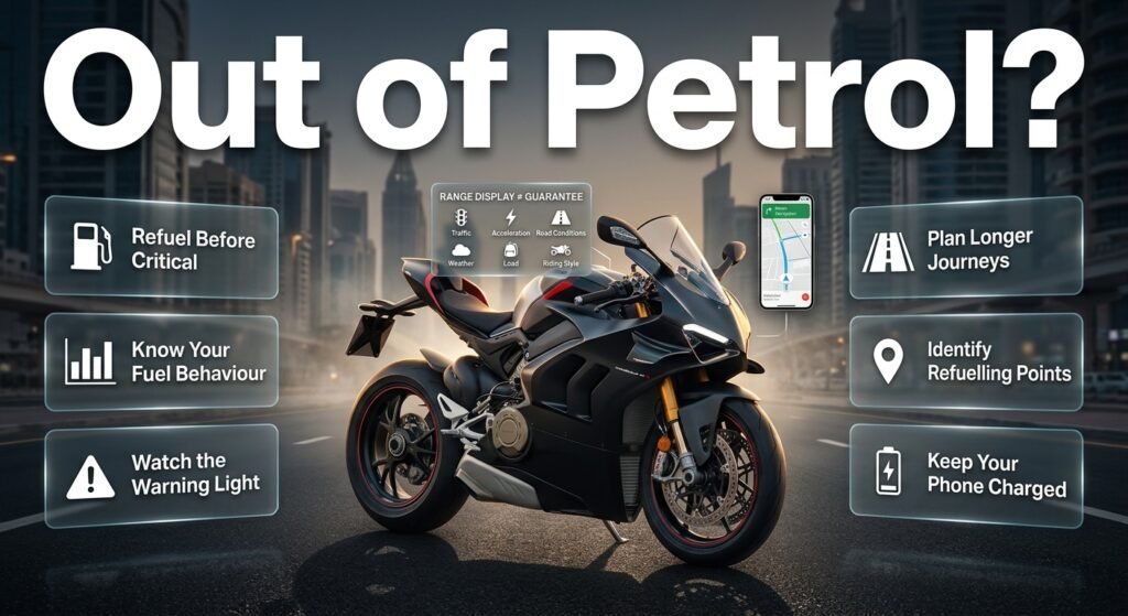 Motorcycle fuel prevention guide showing refuelling habits, fuel range awareness, journey planning, and a charged phone for emergencies.