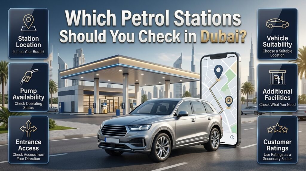 Which petrol stations should you check in Dubai, featuring a modern petrol station, SUV, navigation map, station access, and facilities.