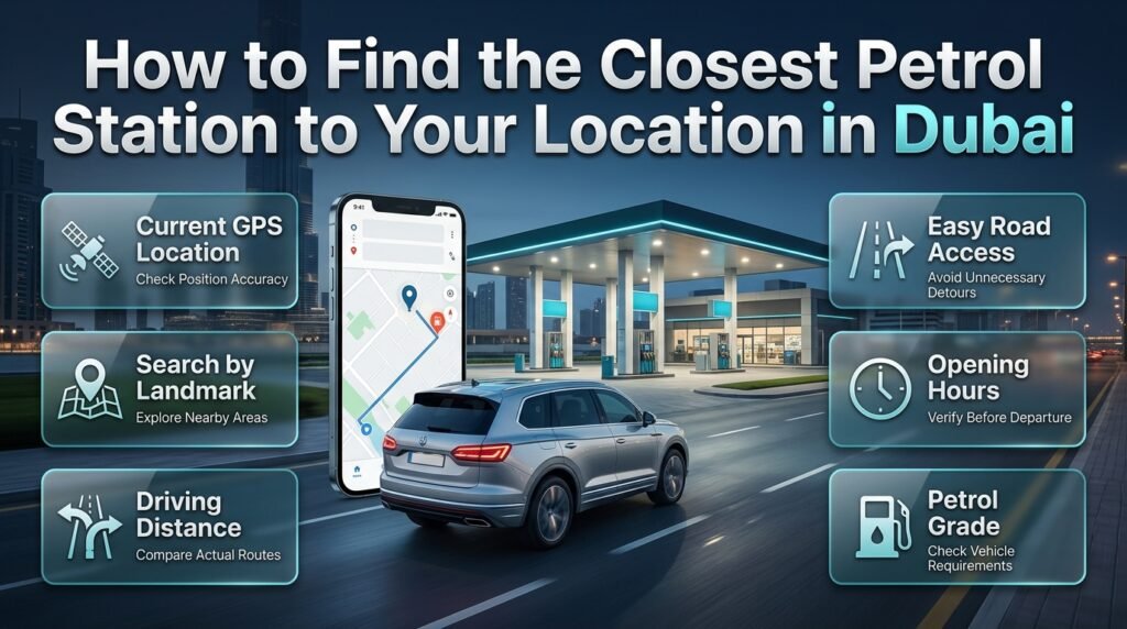 Find the closest petrol station in Dubai using GPS navigation, nearby landmarks, driving distance, route accessibility, and petrol grade requirements.