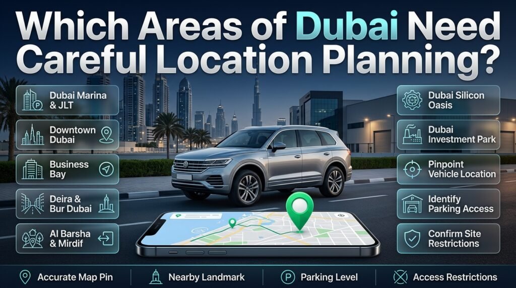 Dubai petrol delivery location planning guide showing a vehicle, Dubai map, and access considerations for Marina, Downtown, Deira, and industrial areas.