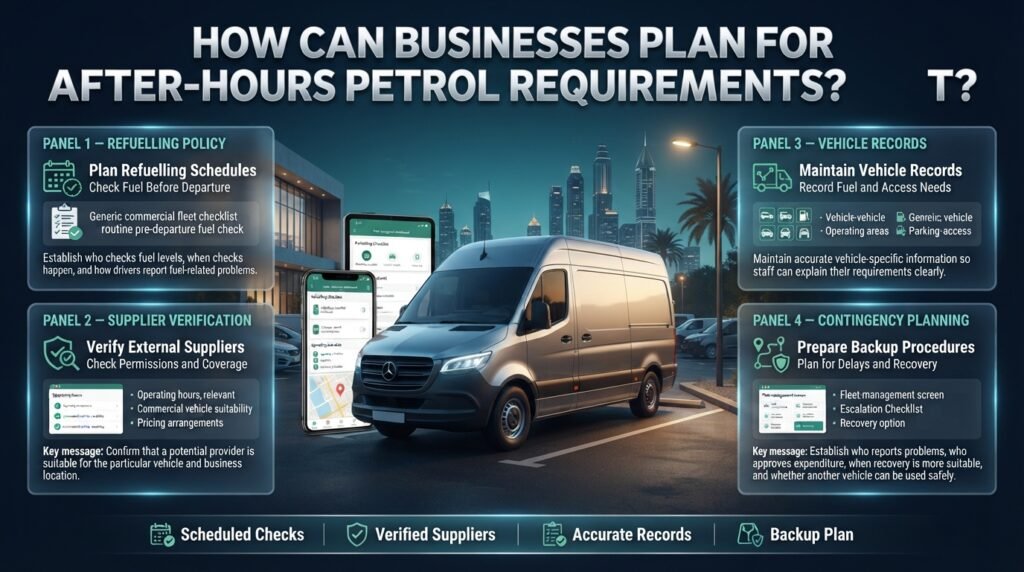 Dubai business petrol planning infographic featuring commercial vehicles, refuelling schedules, supplier verification, vehicle records, and contingency planning.