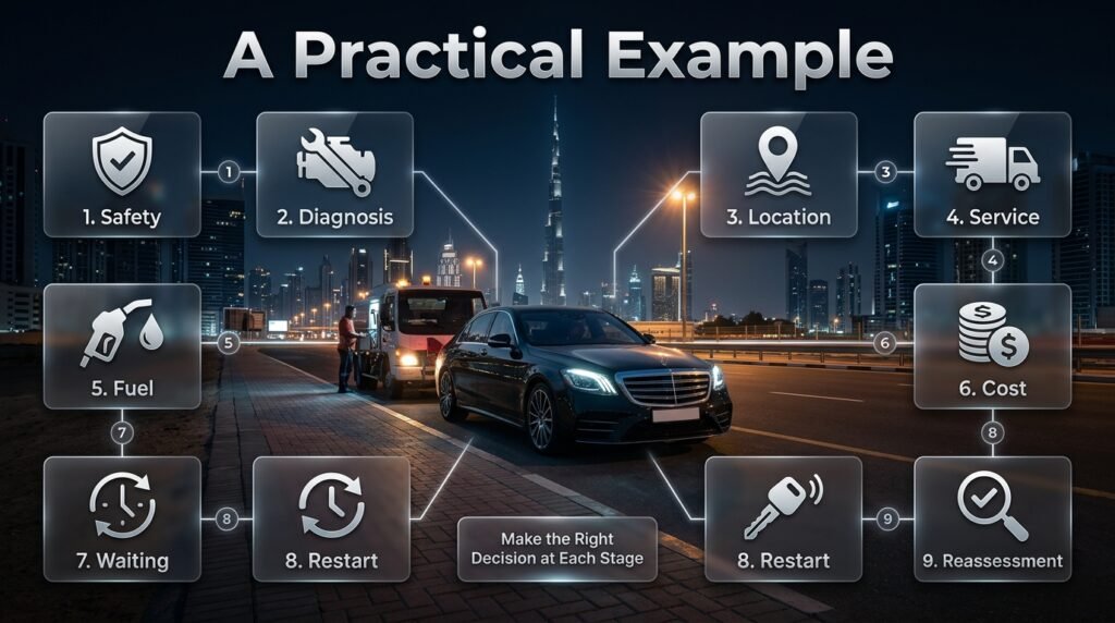 Practical car petrol delivery example in Dubai showing safety, diagnosis, location, fuel, cost, waiting, restart, and reassessment steps.
