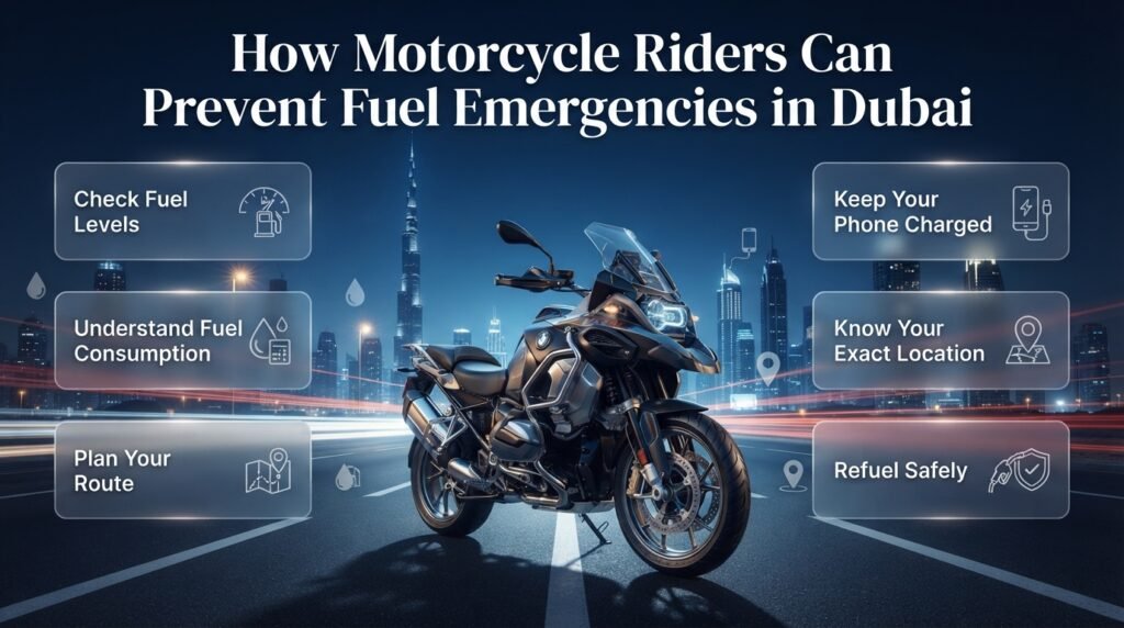 Motorcycle fuel emergency prevention in Dubai with fuel level checks, route planning, phone readiness, safe refuelling, and fuel safety tips.