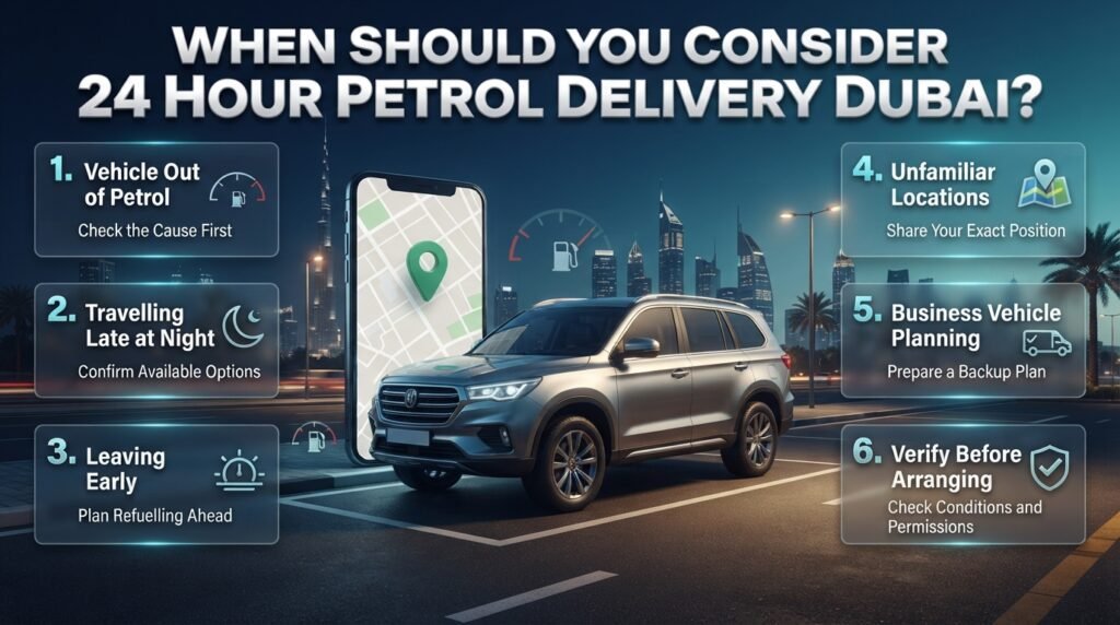 24 hour petrol delivery Dubai infographic showing a stranded car, nighttime driving, early morning travel, and emergency petrol planning.