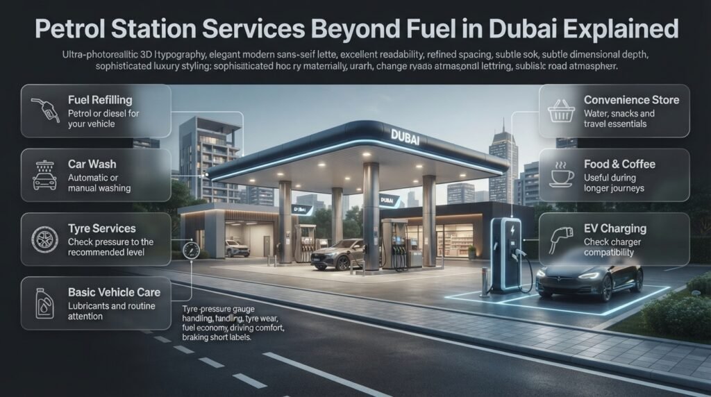 Dubai petrol station services infographic showing fuel, car wash, tyre care, convenience stores, food, coffee, and EV charging
