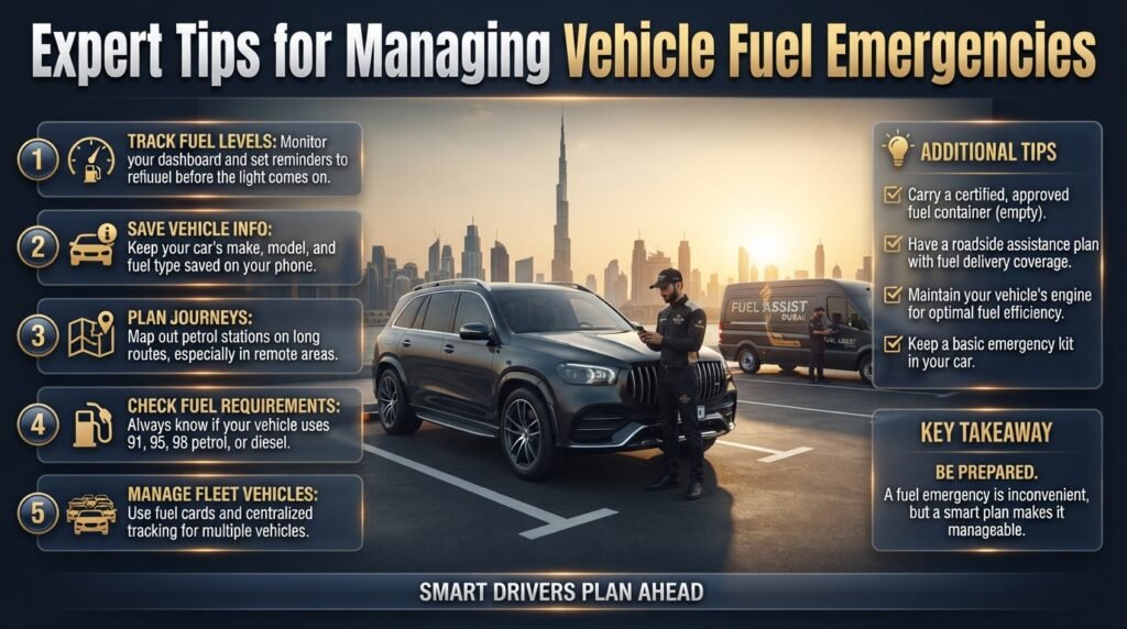 Expert tips for managing vehicle fuel emergencies in Dubai, featuring fuel monitoring, route planning, vehicle fuel requirements, and fleet preparation.