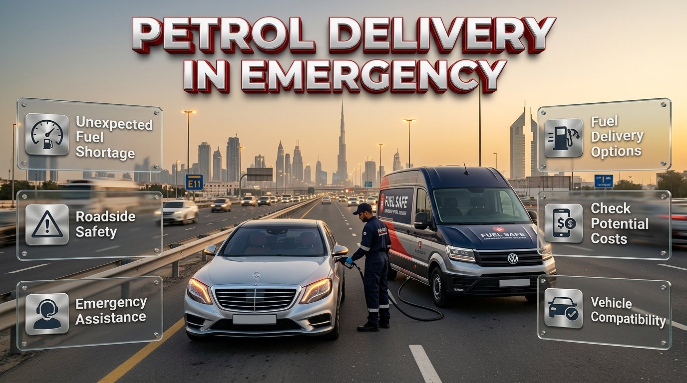 Petrol delivery in emergency in Dubai featuring a stranded car, emergency fuel assistance, and a mobile fuel delivery vehicle. Petrol Delivery in Emergency – Dubai Fuel Assistance Guide