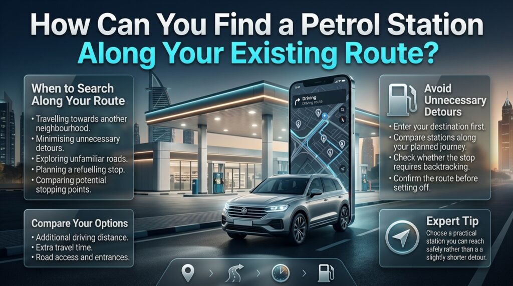 Find a petrol station along your existing route in Dubai using navigation maps, comparing detours, checking road access, and planning refuelling stops.
