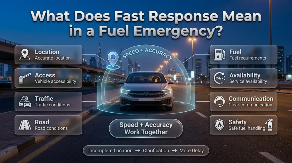 Fast fuel emergency response infographic showing how location, traffic, accessibility, fuel needs, availability, and communication affect response.