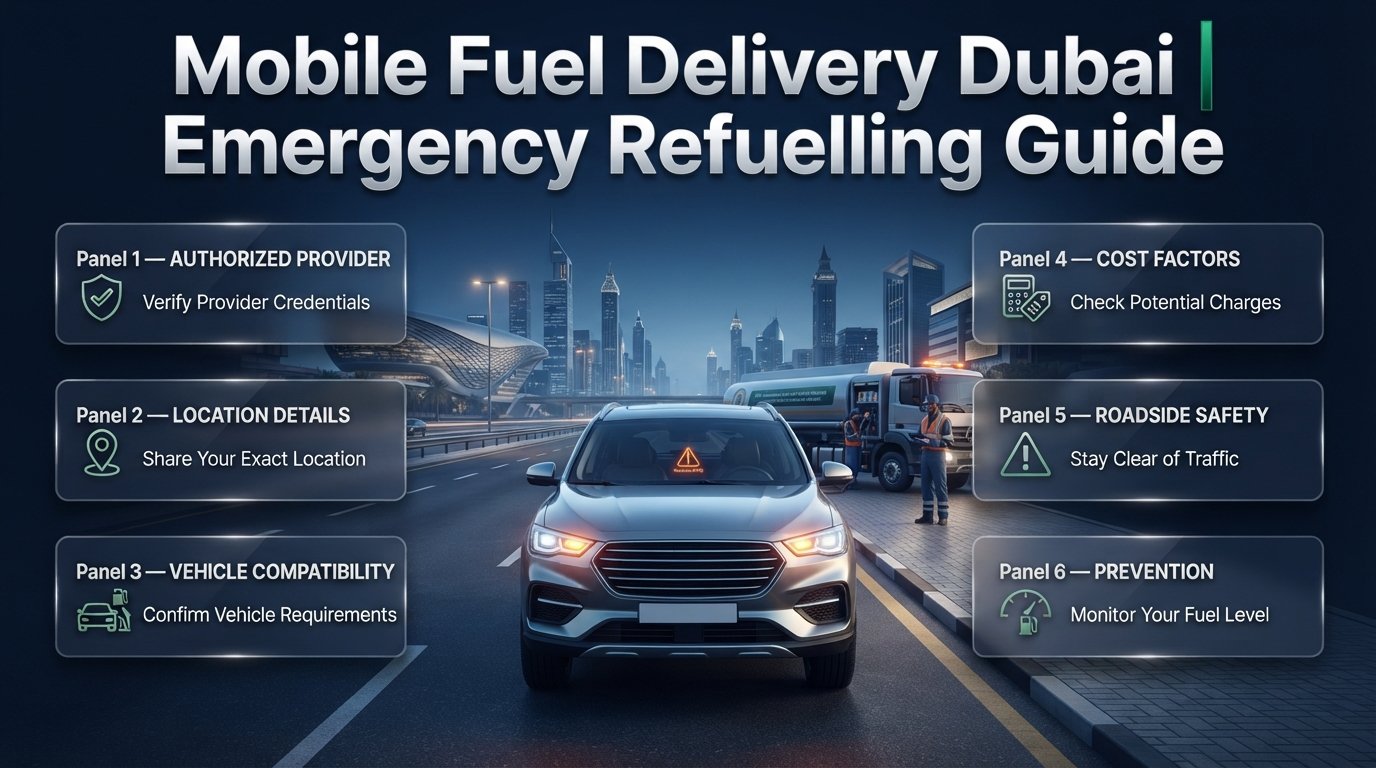 Mobile fuel delivery Dubai guide showing emergency car refuelling, roadside assistance, fuel safety, vehicle compatibility, and location details. Mobile Fuel Delivery Dubai: Emergency Refuelling Guide