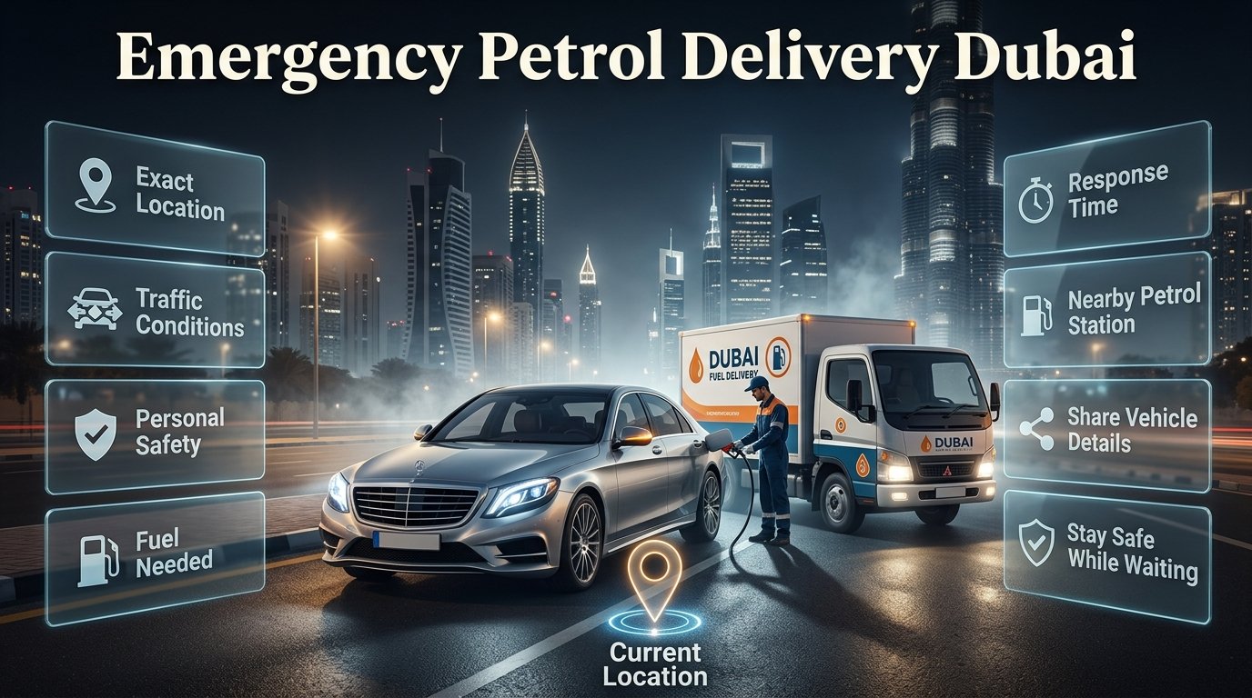 Emergency Petrol Delivery Dubai guide showing a stranded car, mobile petrol delivery, traffic safety, and emergency refuelling support. Emergency Petrol Delivery Dubai Guide for Fuel Emergencies
