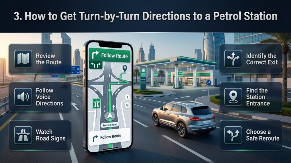 Turn-by-turn directions to a petrol station in Dubai, featuring GPS navigation, road exits, route guidance, and safe station access.