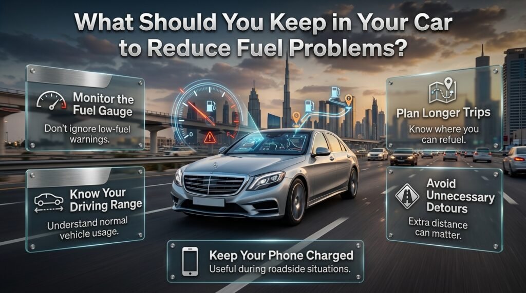 Practical fuel-saving habits including monitoring the fuel gauge, planning trips, knowing driving range, and keeping a phone charged.