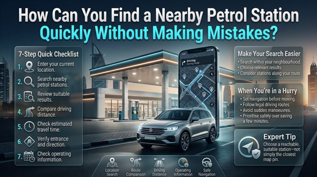 Find a nearby petrol station quickly in Dubai with location searches, route comparisons, opening-hour checks, and safe driving directions.