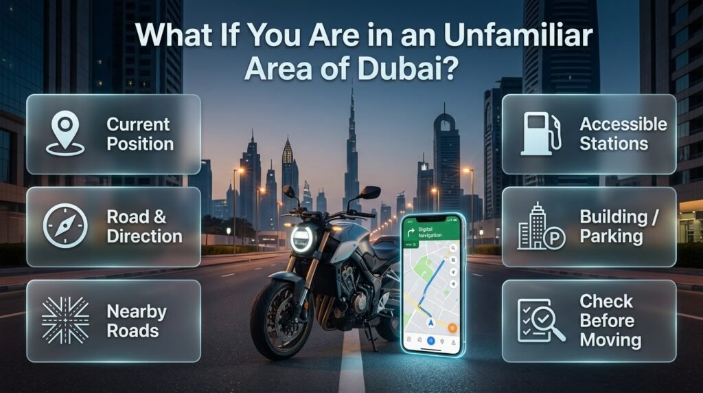 Motorcycle fuel emergency in an unfamiliar Dubai area showing map navigation, road direction, nearby stations, and location details