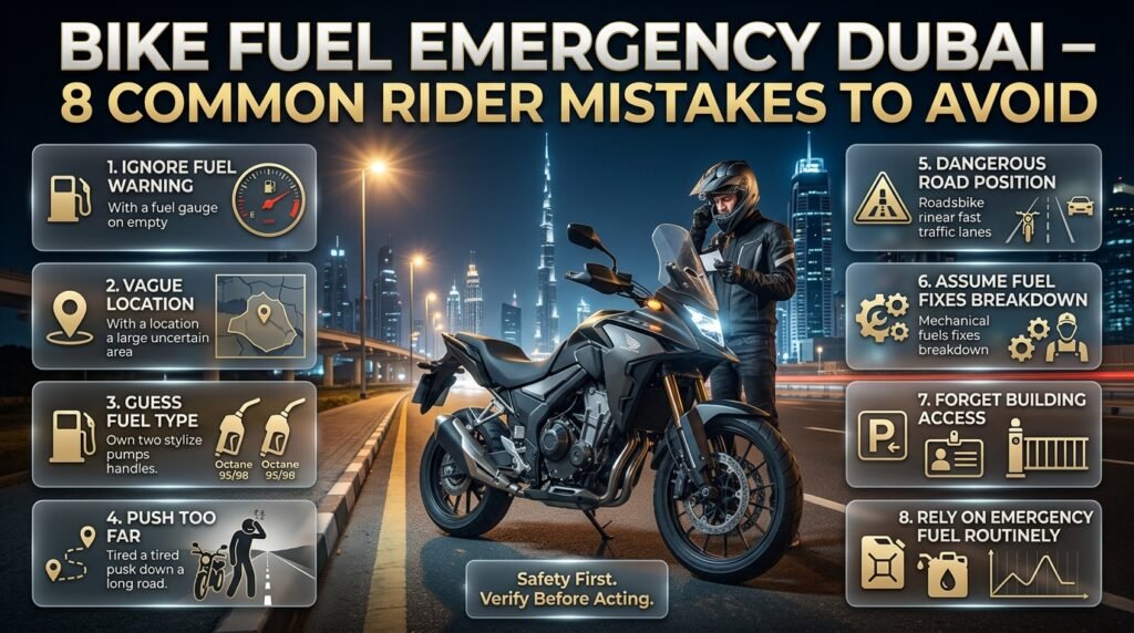 Bike fuel emergency Dubai infographic showing eight common rider mistakes involving fuel warnings, location, safety, and breakdowns.