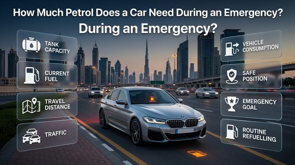 Emergency car petrol guide showing fuel needs based on tank capacity, distance, traffic, and vehicle fuel consumption.