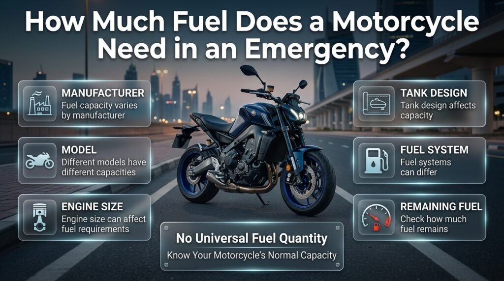 Motorcycle emergency fuel quantity guide showing tank capacity, engine size, fuel system, and remaining fuel considerations in Dubai