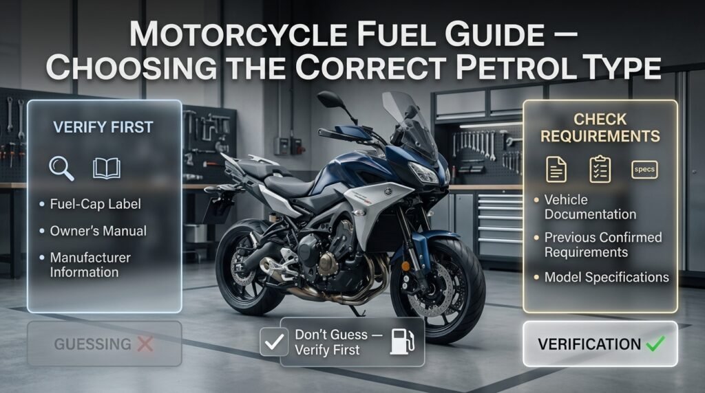 Motorcycle fuel guide showing how riders can verify the correct petrol type using vehicle and manufacturer information.