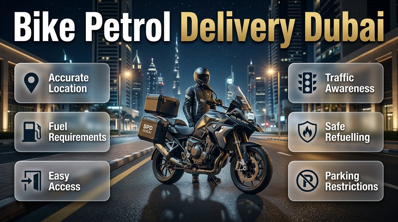 Bike petrol delivery Dubai guide showing a stranded motorcycle, emergency fuel support, and safe refuelling considerations.