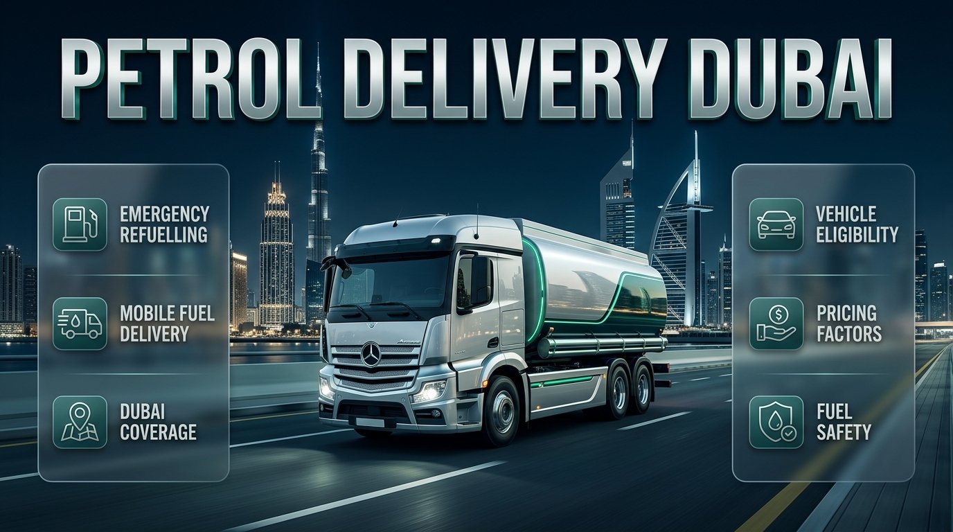Petrol delivery Dubai infographic featuring a fuel delivery truck, emergency petrol refuelling, mobile fuel services, and Dubai skyline.