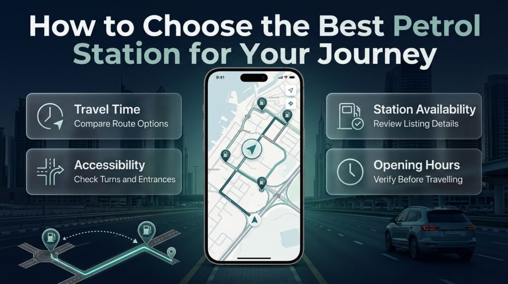How to choose the best petrol station in Dubai by comparing travel time, road access, opening hours, traffic conditions, and availability.