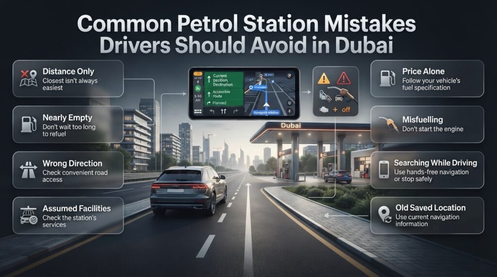 Common petrol station mistakes in Dubai including distance, fuel level, road direction, services, misfuelling, navigation, and saved locations