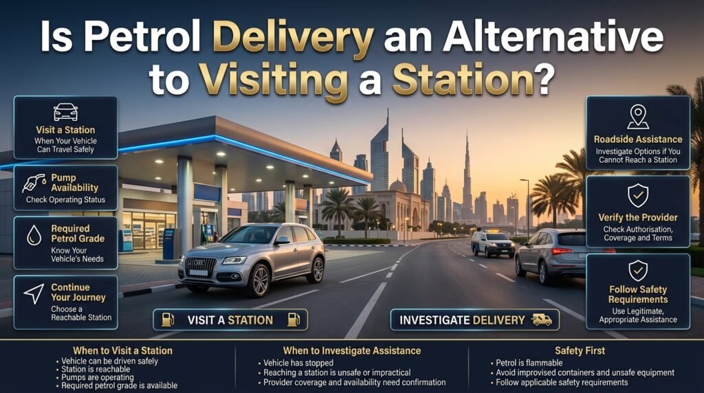 Petrol delivery versus visiting a petrol station in Dubai, featuring an SUV, petrol pumps, roadside assistance, and essential safety precautions.